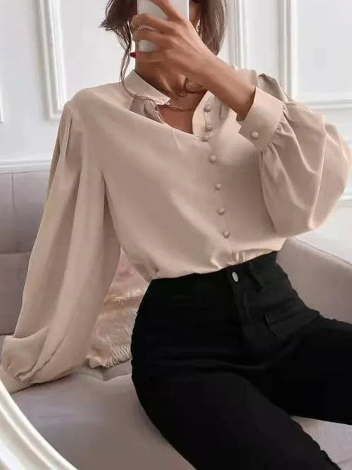 Dam Blus Långa Ärmar Knappstängning Polyester Elegant Stil 1