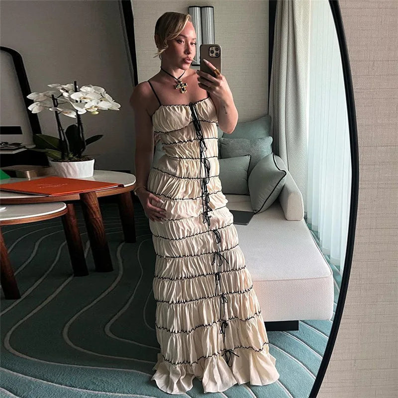 Elegant Golvlång Damklänning med Spaghetti Band i Polyester och Spandex – Fina Damklänningar för Sommarens Festligheter 4