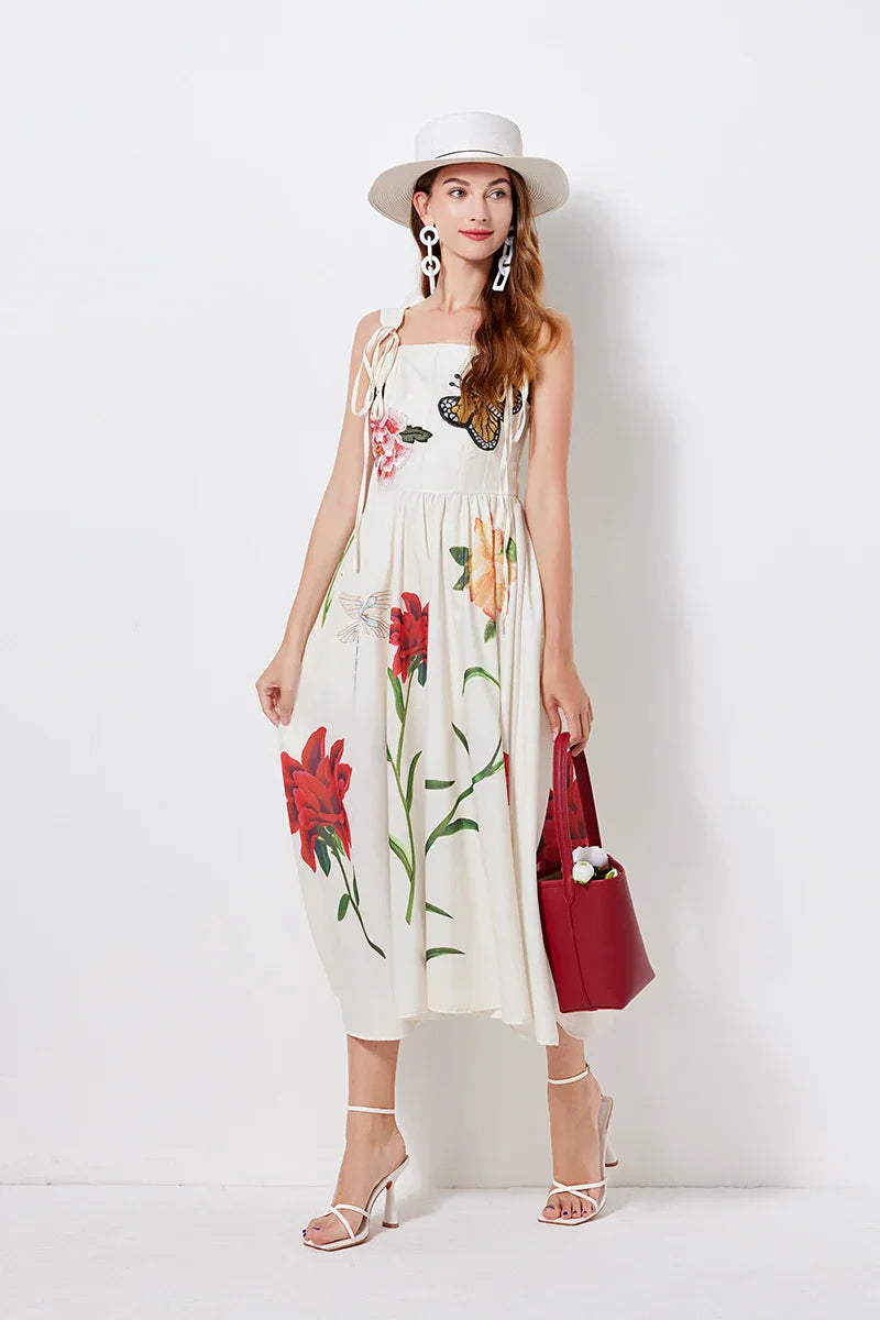 Kvinna Midi Klänning A-Line Broderad Polyester-3