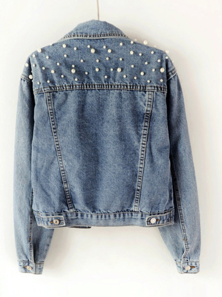 Dam Jeansjacka Klassisk Denim med Pärldekoration-3