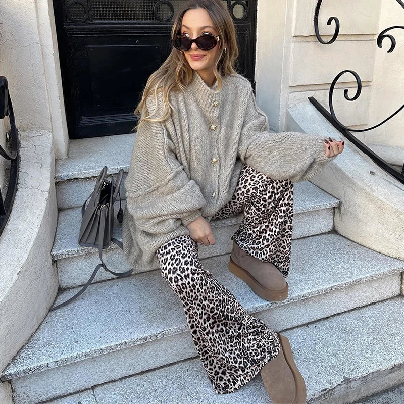 Damens Lång Stickad Kofta med Knappstängning-3