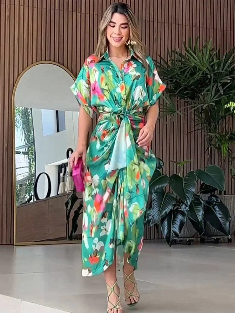 Kvinnors Vristlång Klänning Blommönster Mjuk Väv-1