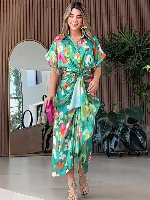 Kvinnors Vristlång Klänning Blommönster Mjuk Väv-1