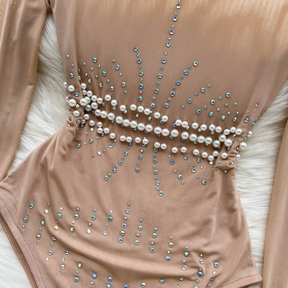 Kvinnors Bodysuit Monokrom Polyester Med Rhinestones-4