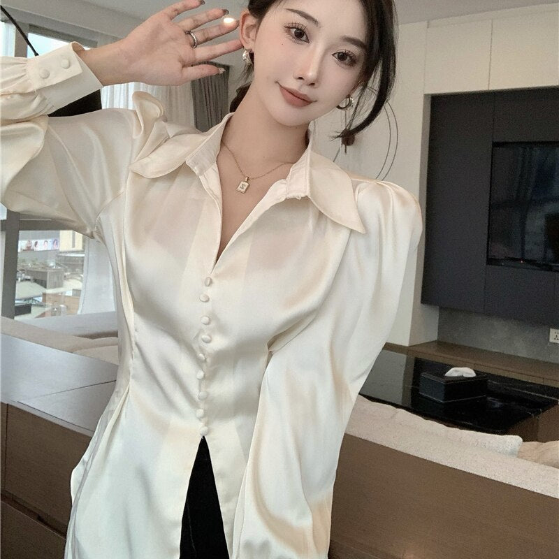 Dam Blus Puffärmar Satin Polyester-4