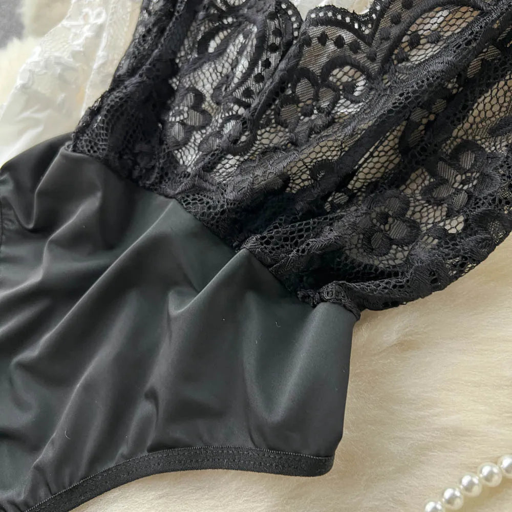 Dam Bodysuit Monokrom Spets Polyester Elegant Design 2