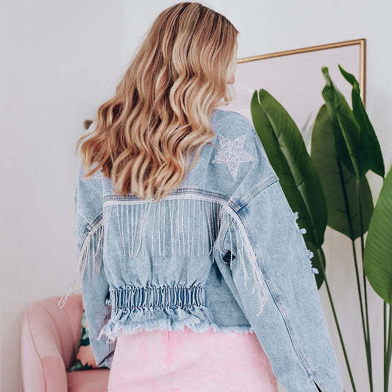 Dam Denimjacka Boho Chic med Fransar Högkvalitativ Denim-3