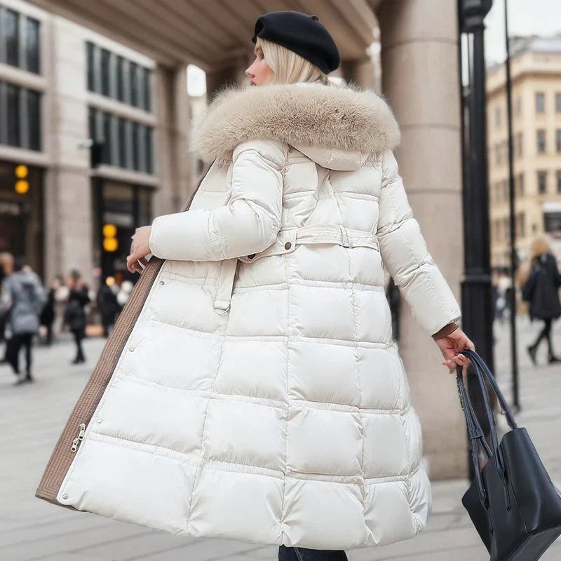 Lång Vinterjacka Dam med Pälskrage och Justerbart Bälte – Elegant och Varm för Kalla Dagar 12