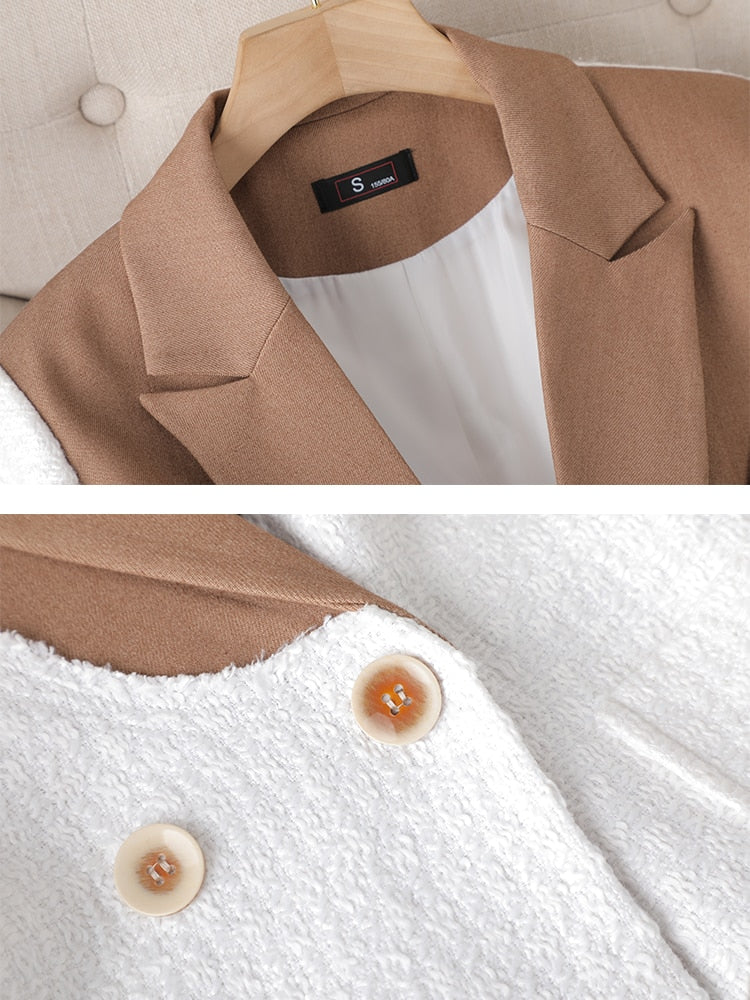 Dam Blazer med Vändkrage i Syntetfiber, Elegant Patchwork Design, Tidlös Full Längd-5