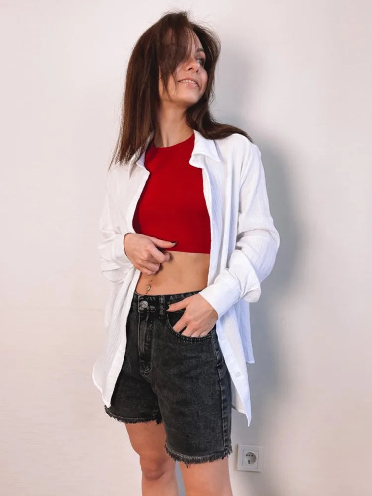 Dam Denimshorts Hög Midja Avslappnad Denim 5