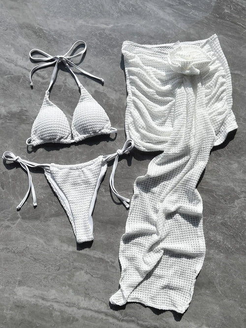 Damernas 3-delade Bikini Set Monokrom Polyester Nylon Spandex-1