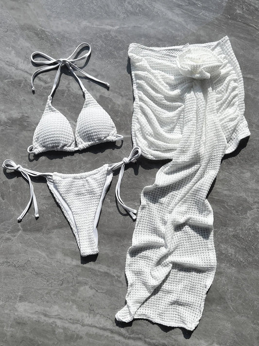 Damernas 3-delade Bikini Set Monokrom Polyester Nylon Spandex-1