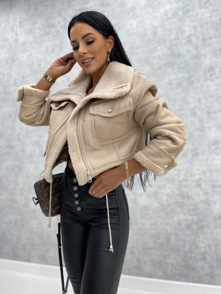 Dam Lädercyklistjacka Biker Sherpa-foder-5