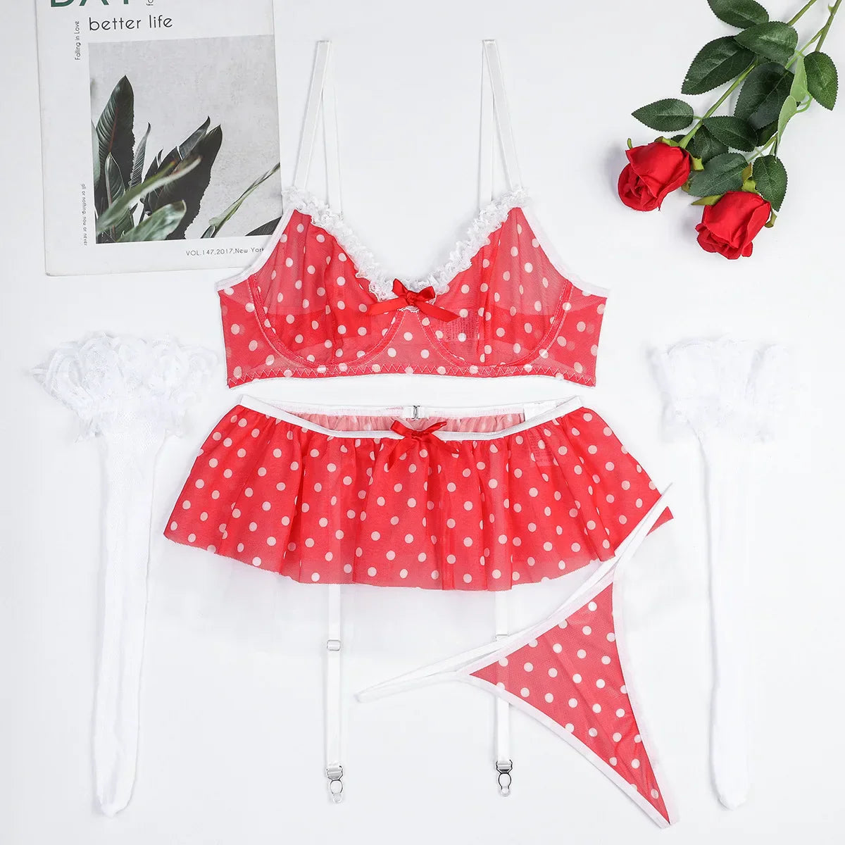 Damunderkläder Set Punktmönster Polyester Snygga Underkläder-6