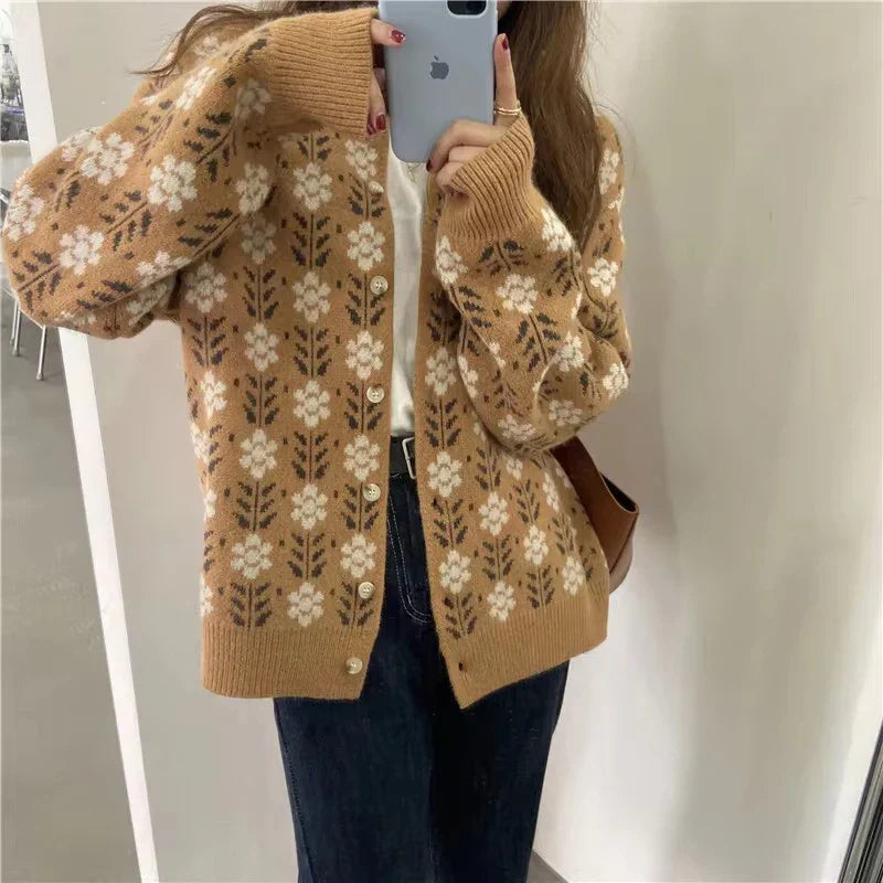 Lång Kofta Dam Blommönster Mjuk Akryl-4