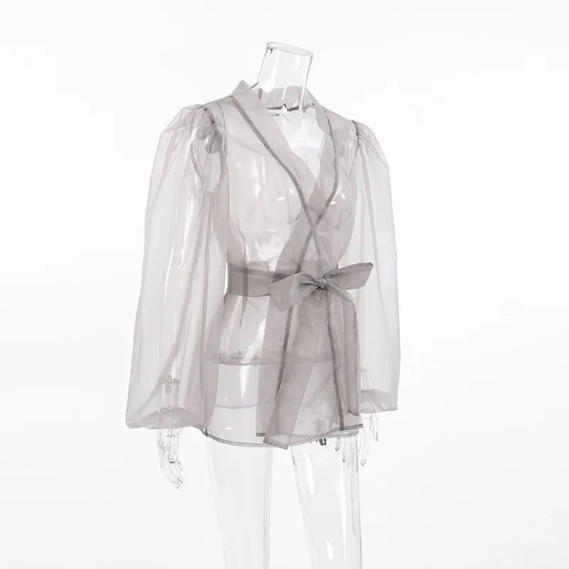 Dam Blus Transparent Organza med Länkbälte Elegant Stil-6