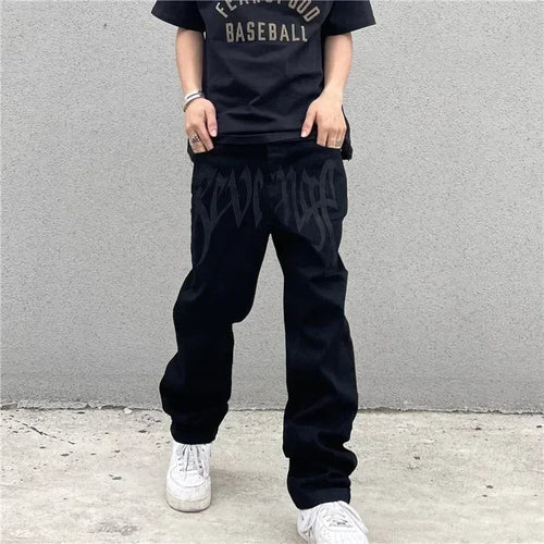 Herr Baggy Jeans med Gotiskt Broderi i Högkvalitativ Denim-1