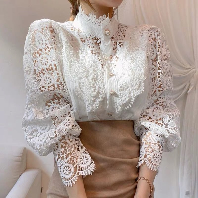 Dam Blus Blommönster Polyester och Bomull med Spetsdetalj-6
