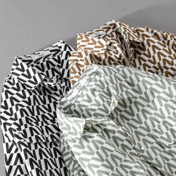 Mäns Mönstrad Skjorta Geometrisk Bomull med Knapp och Fickor-4