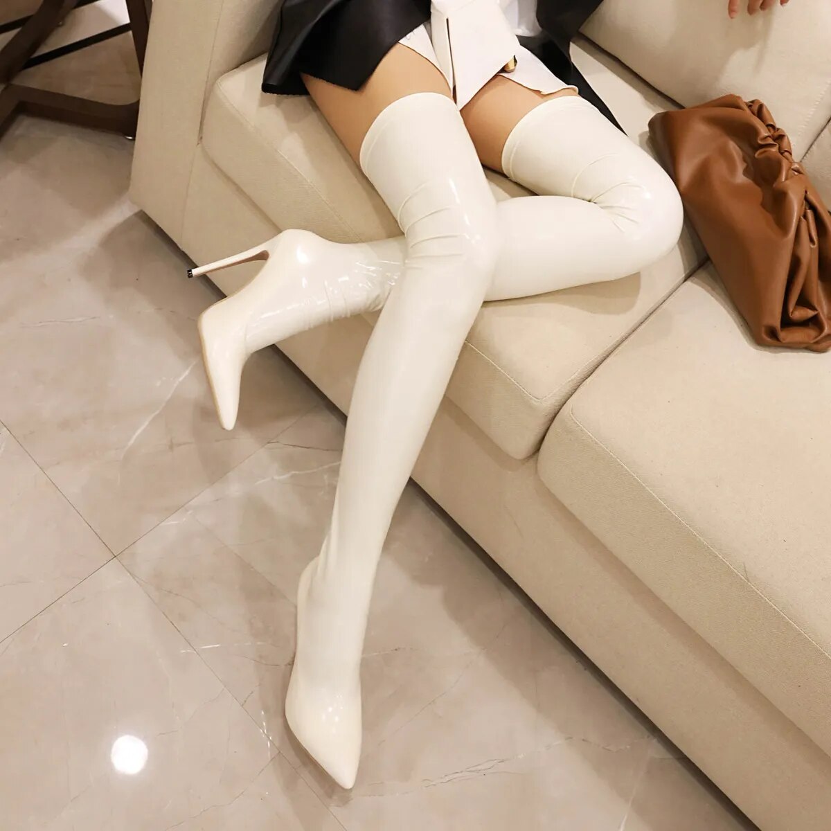 Höga Stövlar Dam i Stretchmaterial med Hög Klack-6