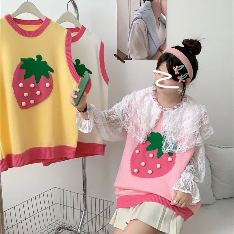 Kvinnors Stickad Väst Med Jordgubbsbroderi Avslappnad Akryl-2