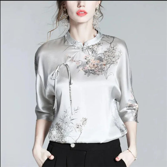 Dam Blus med Blommiga Ärmar Acetat Regelbunden Passform-1