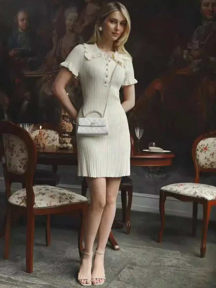 Kvinnors Miniklänning Samlad Halsringning Polyester med Knappar-4