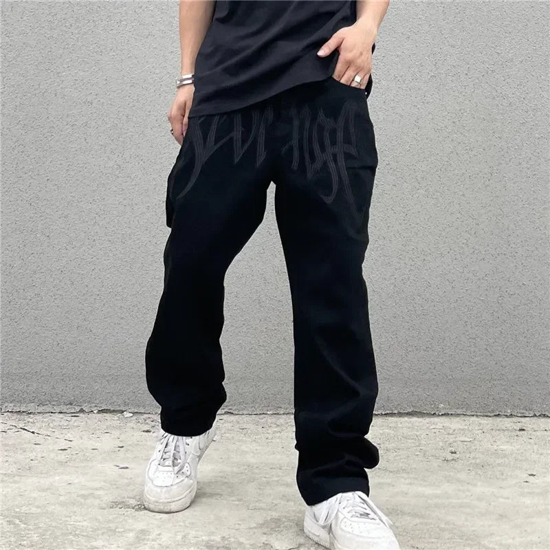 Herr Baggy Jeans med Gotiskt Broderi i Högkvalitativ Denim-2