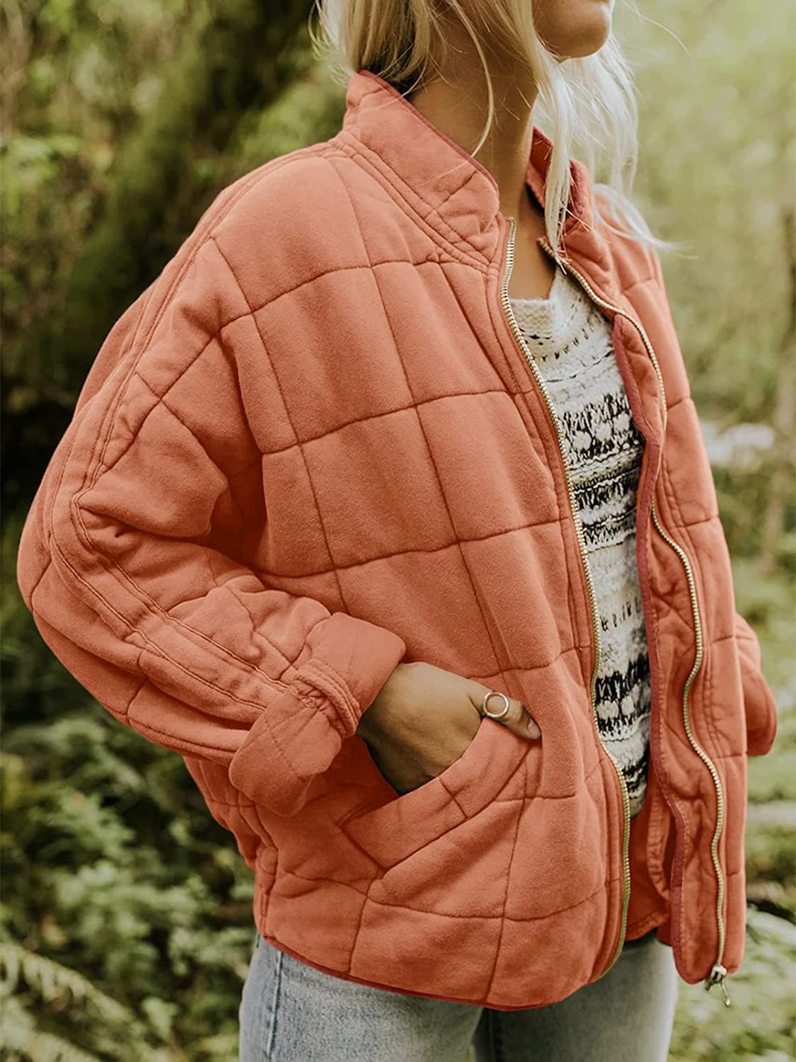 Damjacka Quiltrad Midjelängd Polyester med Fickor-5