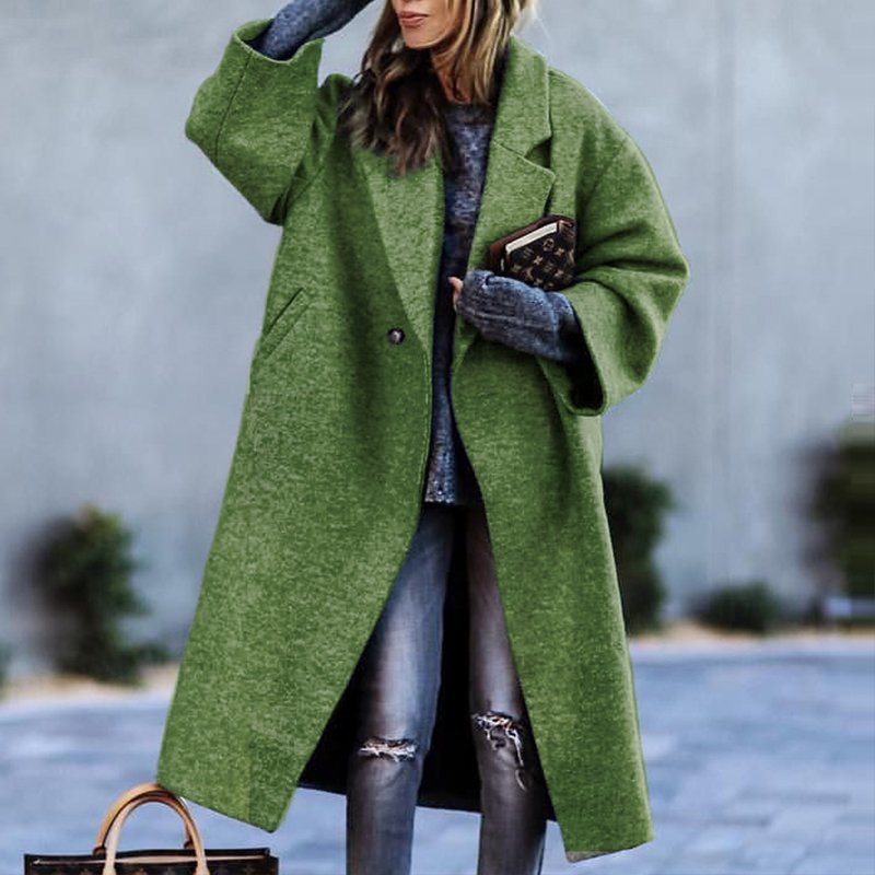 Lång Trenchcoat Dam Ull Enkel Färg Med Långa Ärmar-2