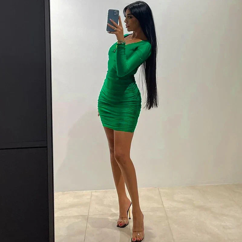 Kvinna Glittrig Miniklänning Draperad med Djup Dragkedja i Polyester-4