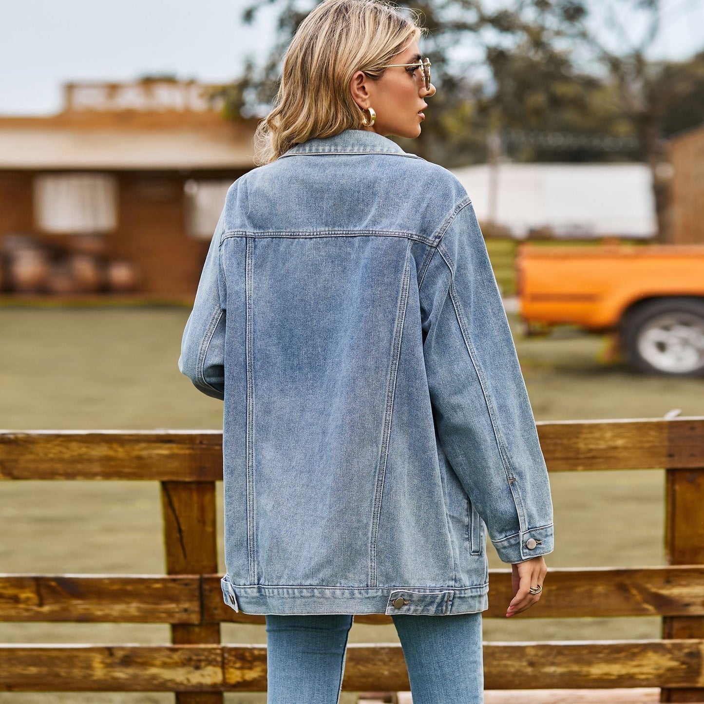 Dam Vintage Denimjacka Knappstängning Denim-4