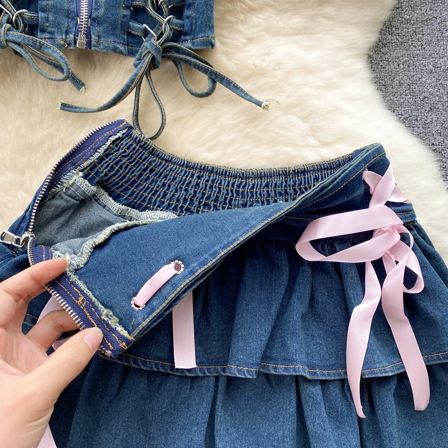 Matchande Set Dam Monokrom Kort Akryl Spandex Denim-5