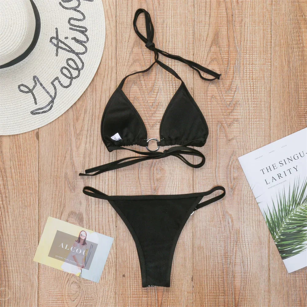 Damernas Tvådelade Bikini Monokrom Polyester med Push Up Kuddar-2