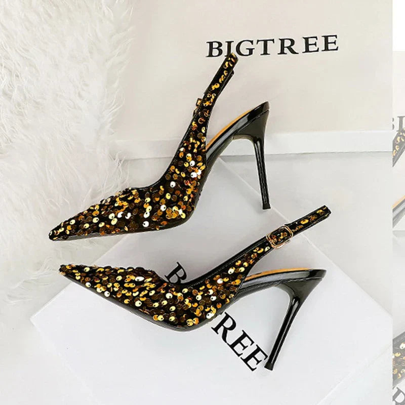 Dam Slingback Pumps Glittrande Spetsig Tå i Paljettyg-2