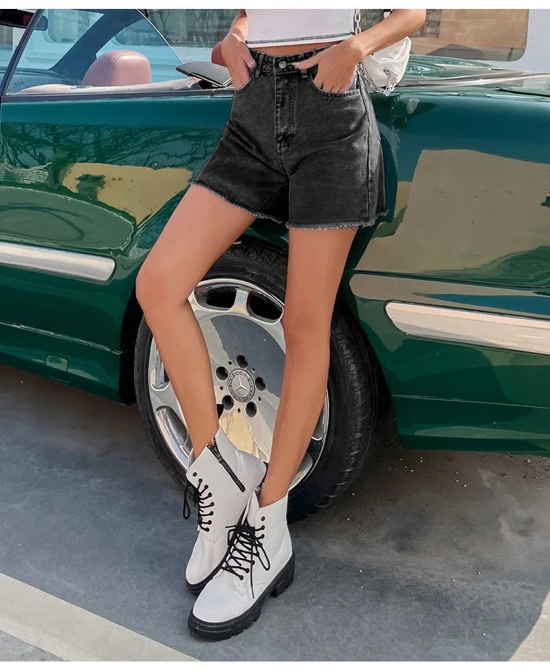 Dam Denimshorts Hög Midja Avslappnad Denim 6