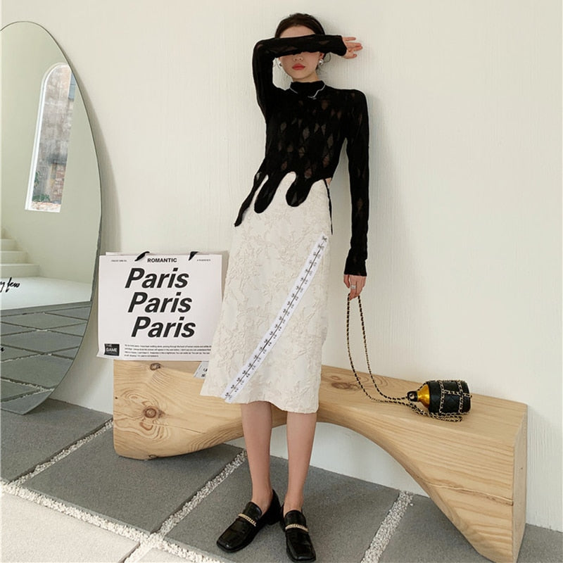 Kvinna Blus och Midi Kjol Transparent Blommönster Bomull Polyester-5