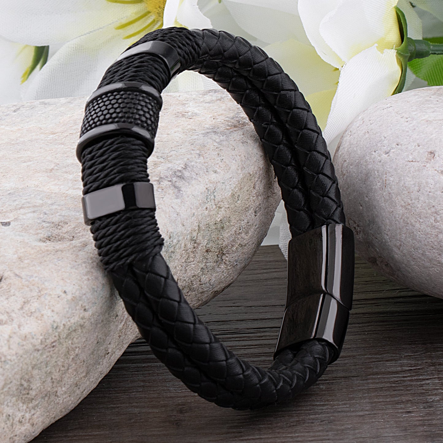 Herr Flätat Läderarmband med Svart Rostfritt Stålstängning-3