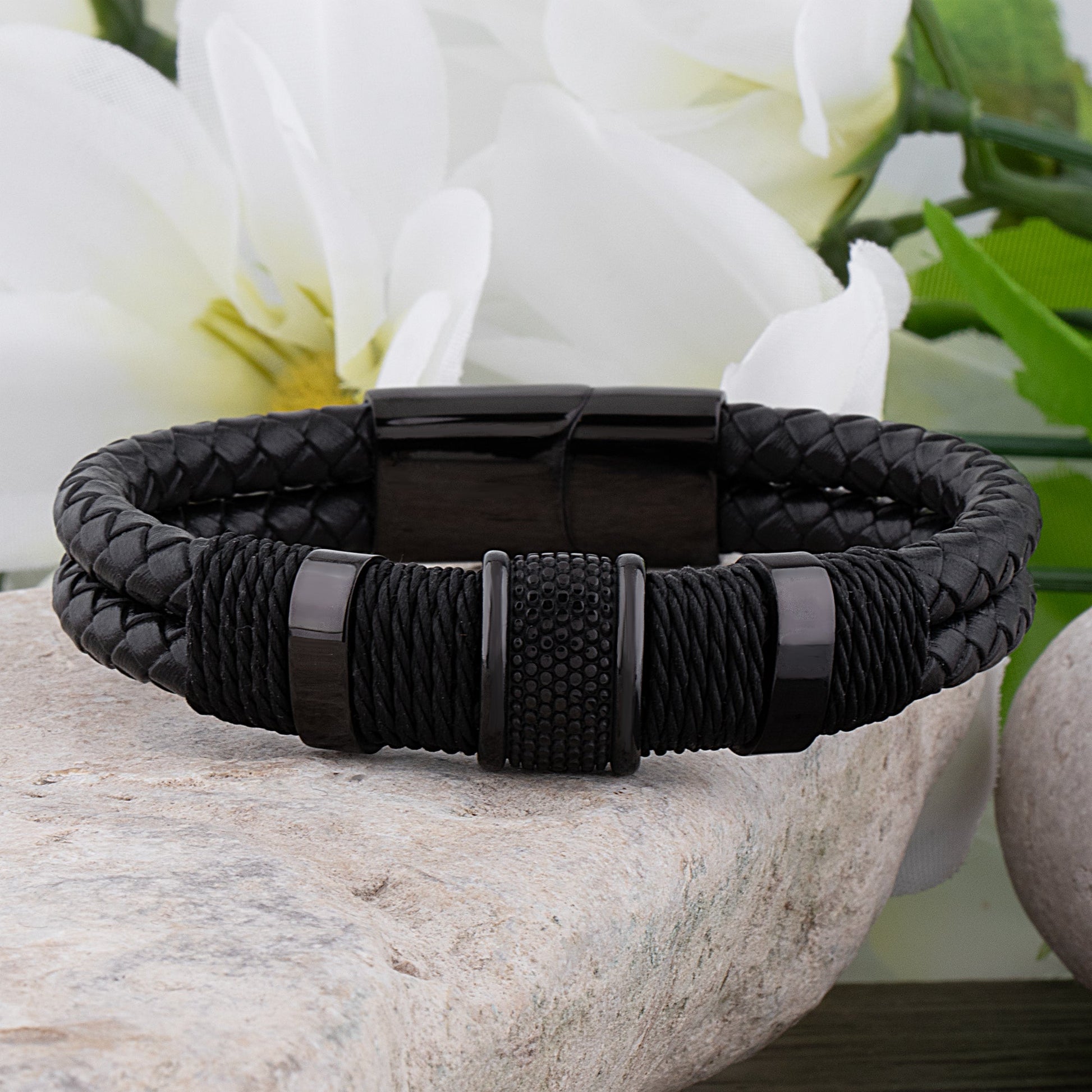Herr Flätat Läderarmband med Svart Rostfritt Stålstängning-6