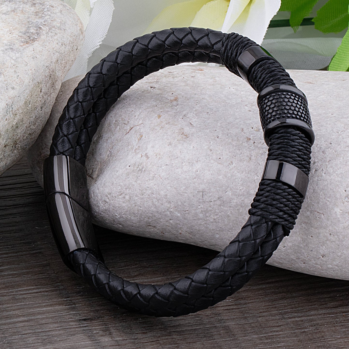 Herr Flätat Läderarmband med Svart Rostfritt Stålstängning-4