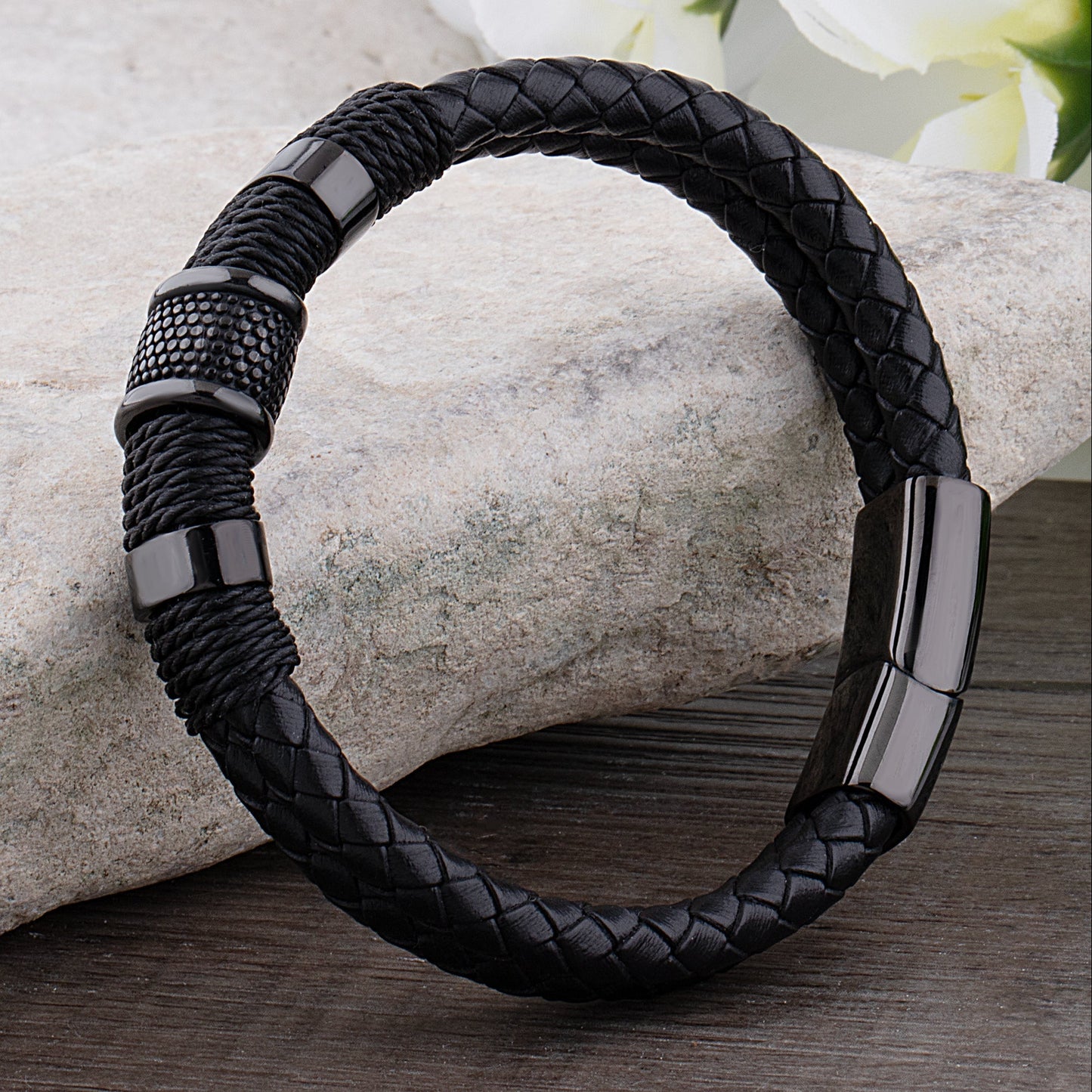 Herr Flätat Läderarmband med Svart Rostfritt Stålstängning-5