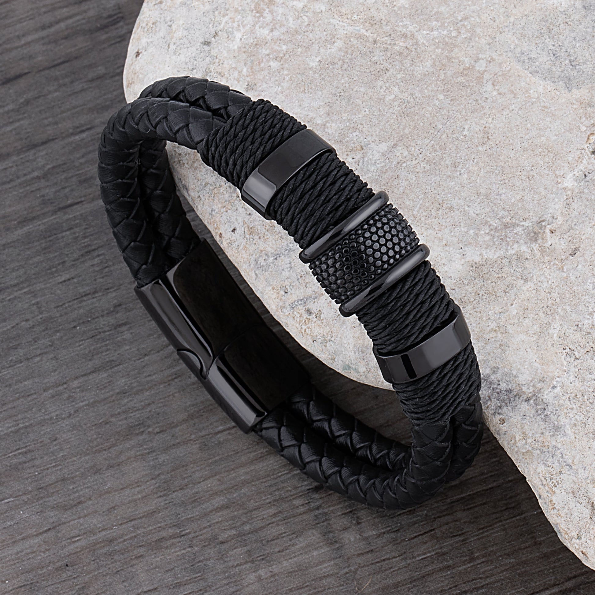 Herr Flätat Läderarmband med Svart Rostfritt Stålstängning-1