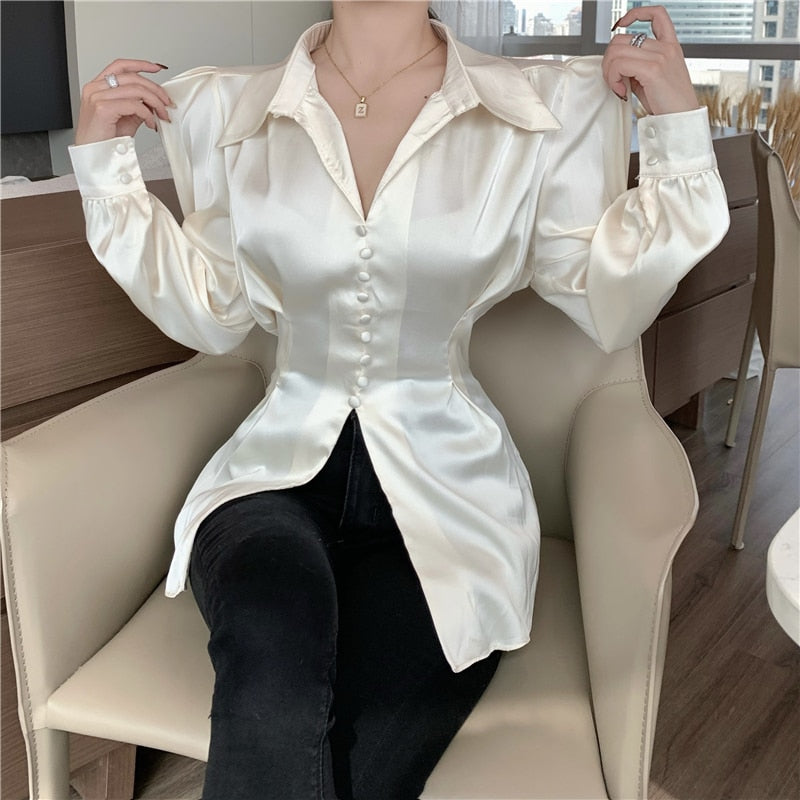 Dam Blus Puffärmar Satin Polyester-1