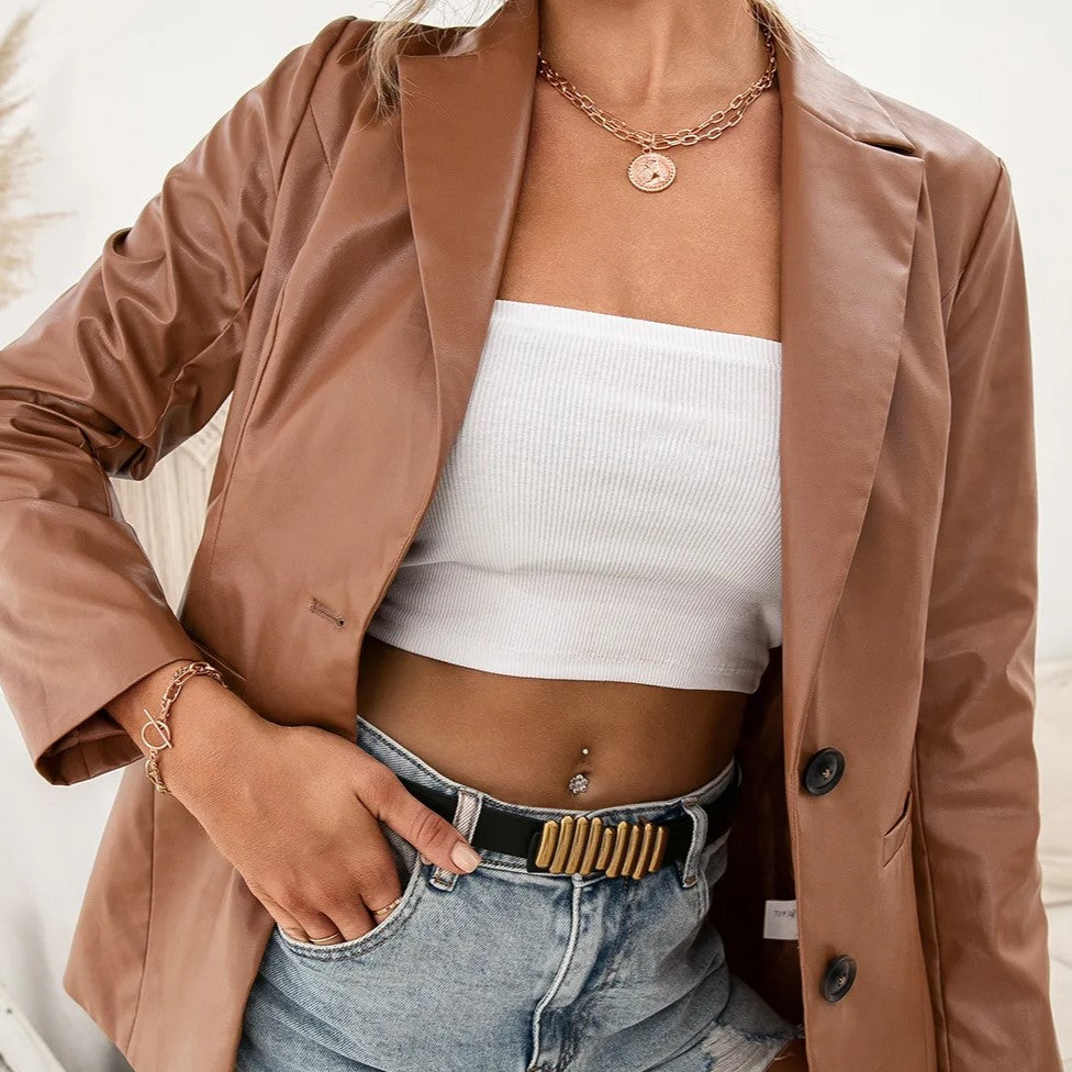 Dam Blazer i Konstläder med En Knapp Modern Design-4