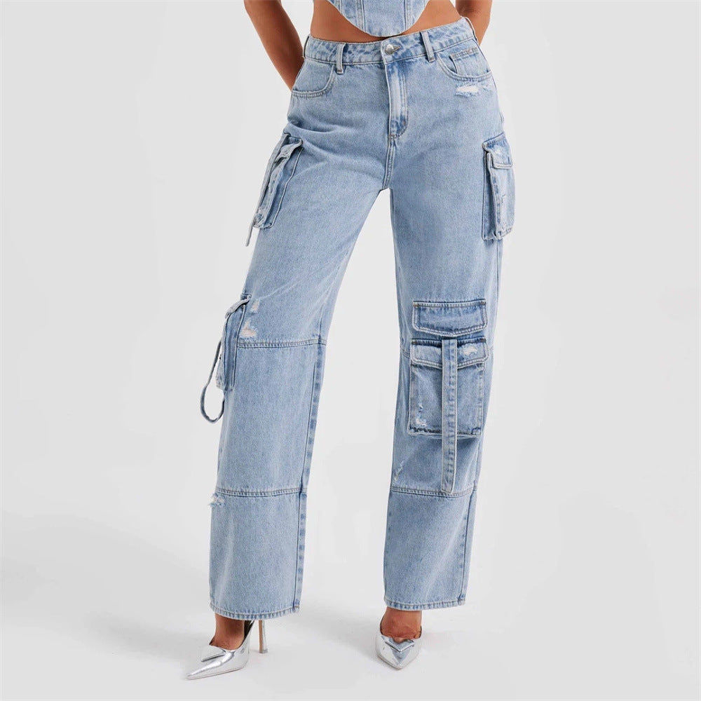 Variant image for Dam Lastbyxor i Denim Avslappnad Passform med Flera Fickor-6