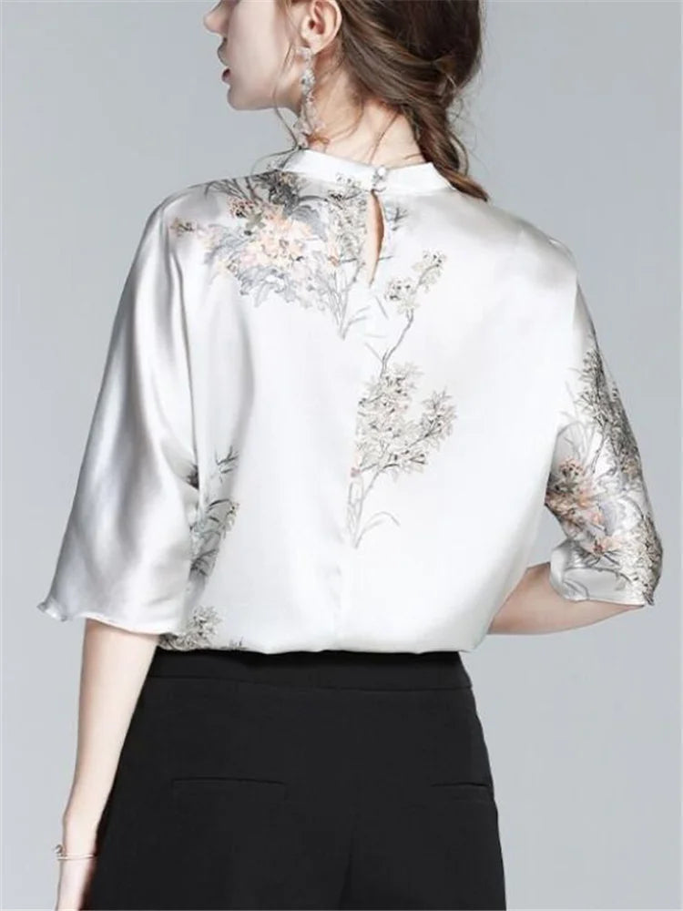 Dam Blus med Blommiga Ärmar Acetat Regelbunden Passform-5