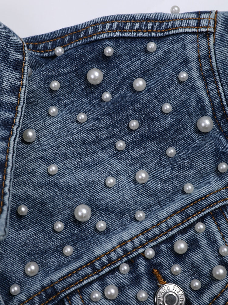 Dam Jeansjacka Klassisk Denim med Pärldekoration-4