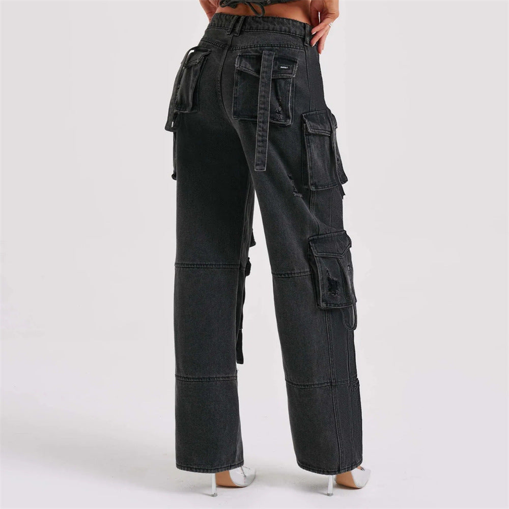 Dam Lastbyxor i Denim Avslappnad Passform med Flera Fickor-5