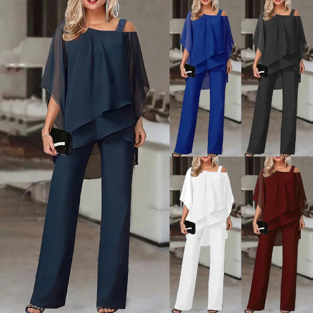 Axelfri Tvådelad Uppsättning för Kvinnor – Elegant Polyester och Acetat, Perfekt för Festliga Tillfällen, Finns i Flera Färger 2
