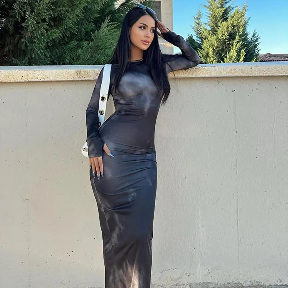 Dam Midiklänning Figurnära Batikmönster Polyester-3